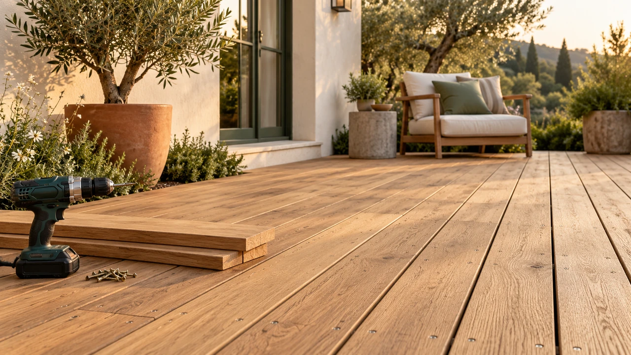 Natural timber deck with spare boards and a cordless drill