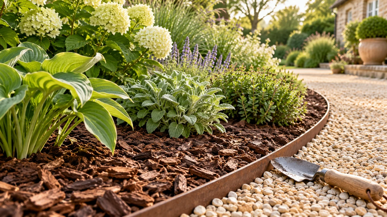 Bark mulch around leafy plants beside a gravel garden path