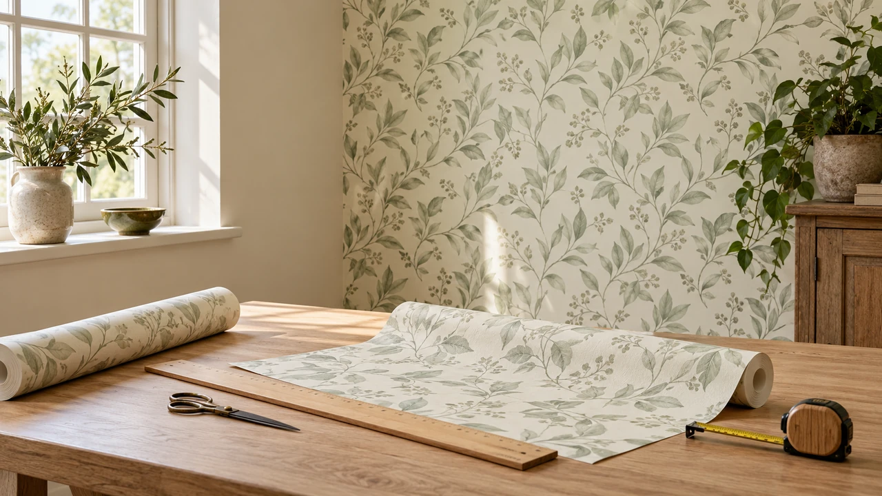 Sage botanical wallpaper, a roll of paper and measuring tools