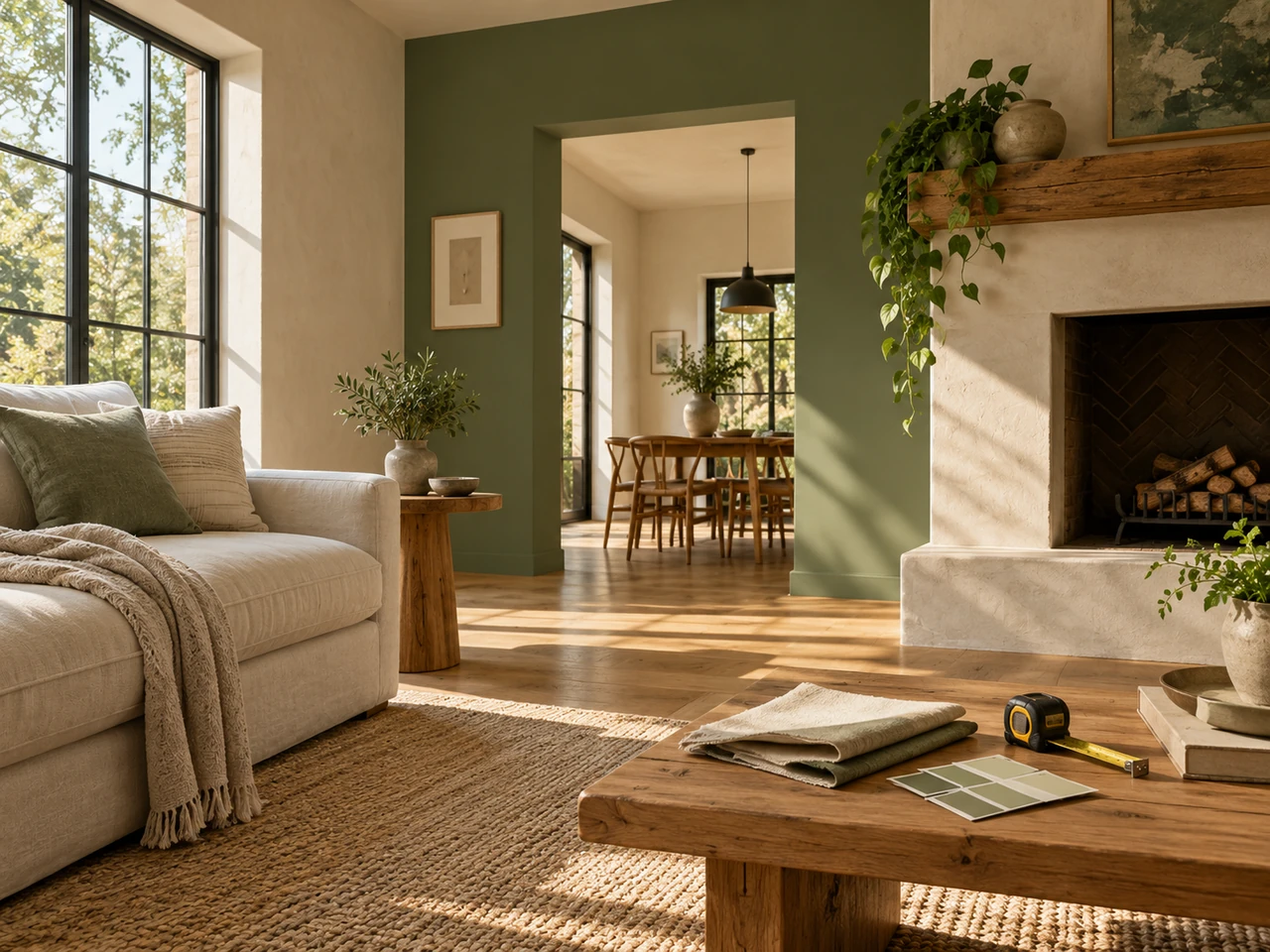 A sunlit living room with sage walls, oak flooring and a small project-planning table